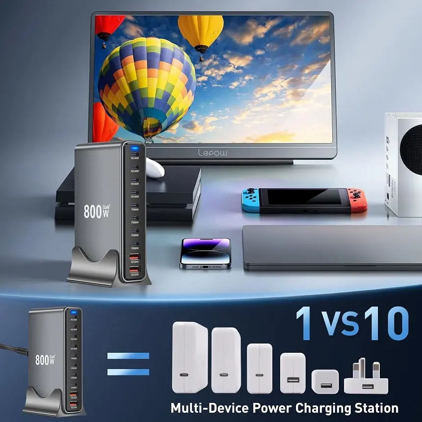 Зарядная станция ILEPO 800W многопортовая на 2 USB + 8 Type-C / сетевое мультизарядное устройство Black (19022) - фото 5