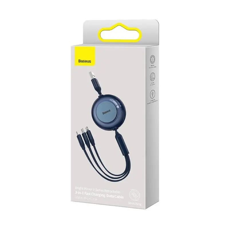 Кабель Baseus Bright Mirror 2 Series Retractable 3 in 1 Fast Charging Data Cable USB to M+L+C 3.5A 1.1 м блакитний - фото 2
