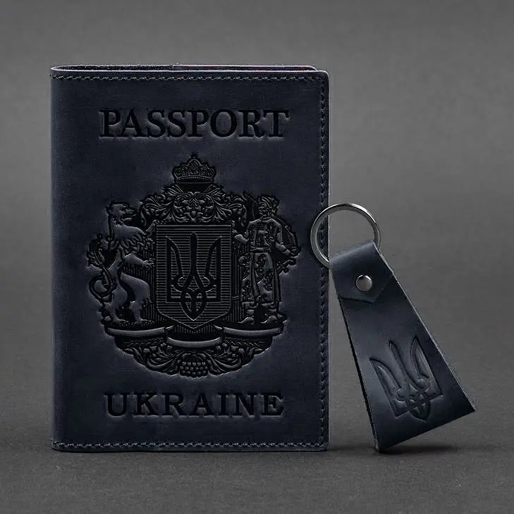 Подарунковий набір шкіряних аксесуарів з українською символікою темно-синій - фото 6