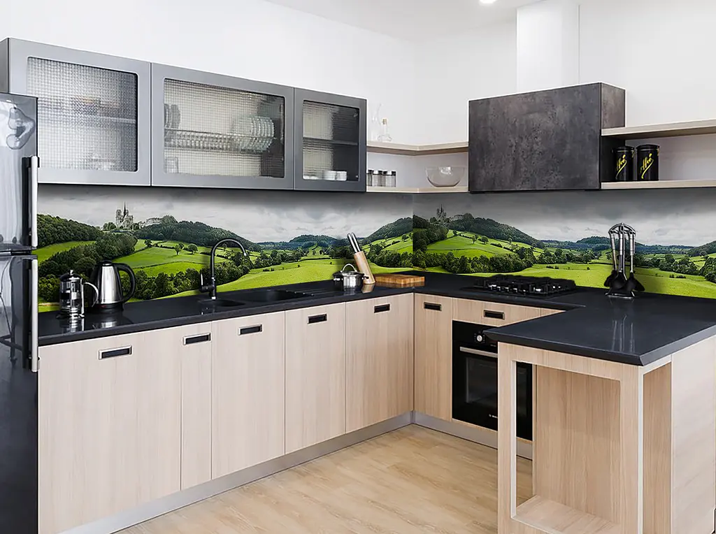 Вініловий кухонний фартух Зелена Долина наклейка для кухні ПВХ пагорби Природа 3Д Happy Pocket Z181718 - фото 4