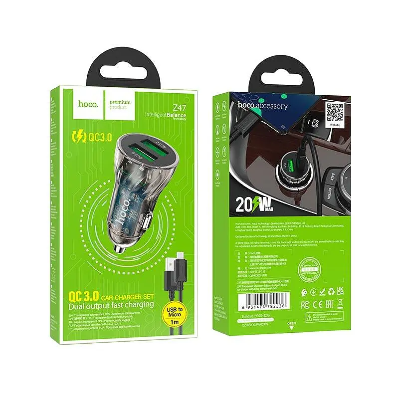 Адаптер автомобильный HOCO Micro USB cable Dual port Z47 2USB, QC, 3A - фото 5