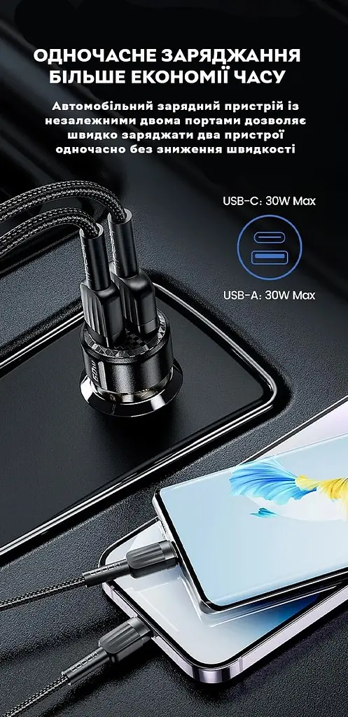 Зарядний пристрій автомобільний в прикурювач Toocki 60W (1 Type-C 30w + 1 USB 30w), Black Transparent - фото 4