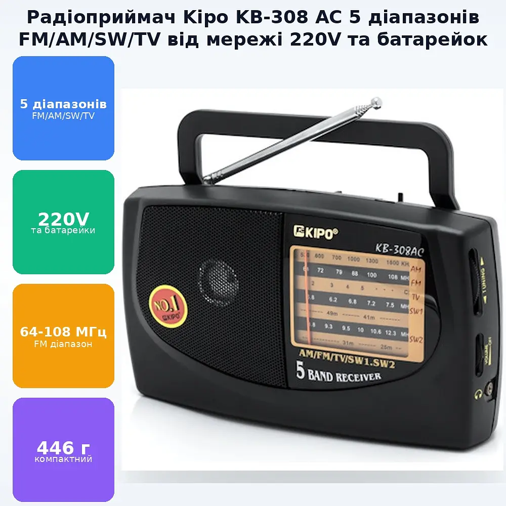 Радіоприймач всехвильовий FM 64-108 МГц, AM, SW від мережі 220V та батарейок 2*R20 радіо фм приймач Kipo KB 308 AC - фото 2