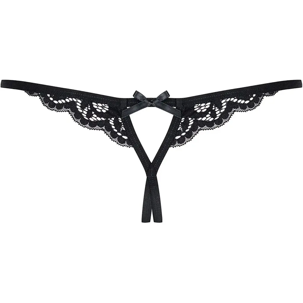 Мереживні танги з двома отворами Obsessive 831-THC-1 crotchless Thong S/M, чорні, бантики - фото 2