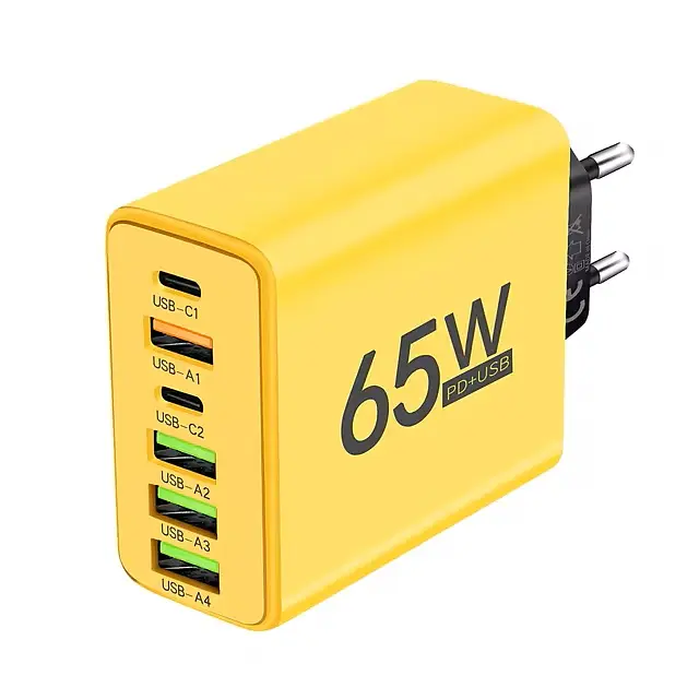 Блок живлення, мережевий зарядний пристрій 65 Вт, 4-USB + 2-Type-C, адаптер для зарядки YEllow  - фото 2
