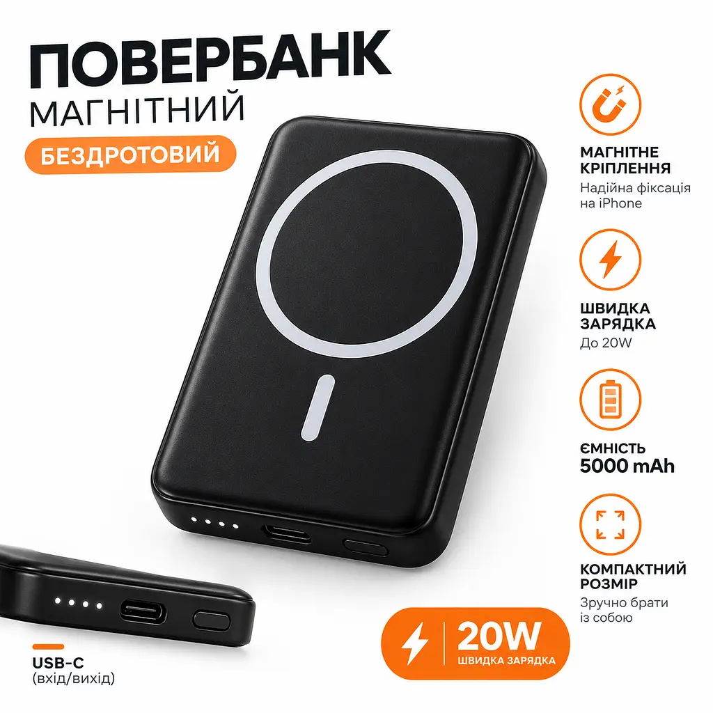 Магнітний повербанк 5000 мА·год MagSafe для iPhone та Android. Чорний - фото 3