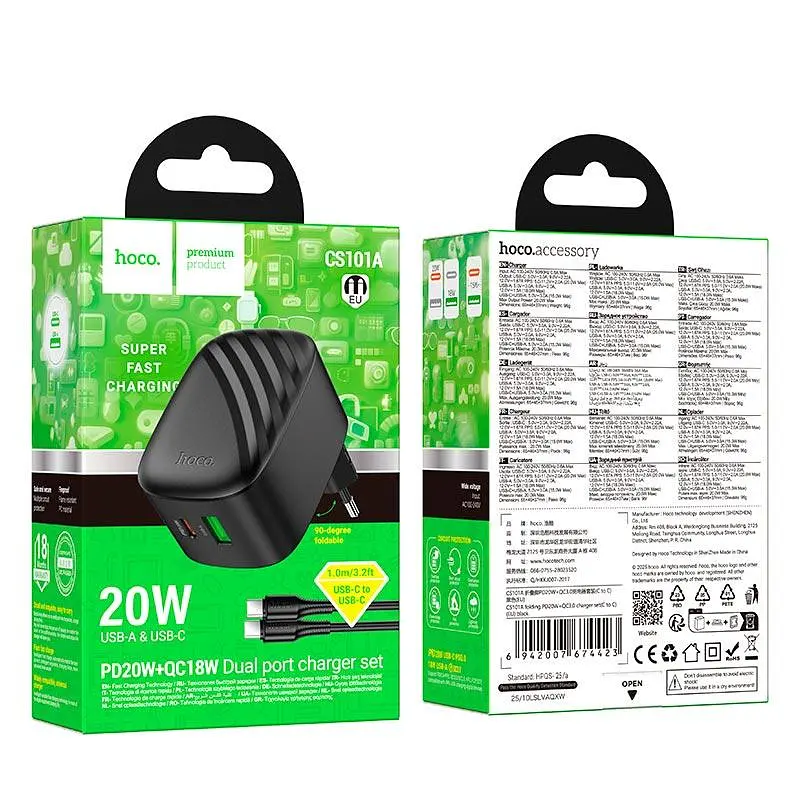 Адаптер мережевий C to C cable HOCO folding charger set CS101A | 1USB/1Type-C, 20W/3A, PD/QC| - фото 2