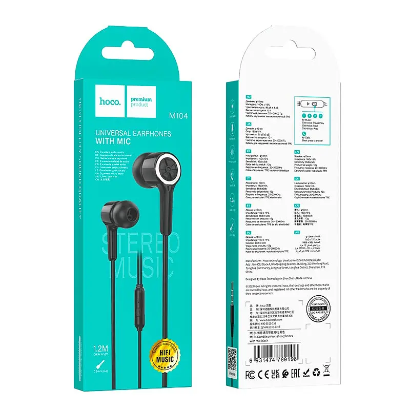Проводные наушники Hoco M104, 3.5mm, 1.2m, Черный - фото 5