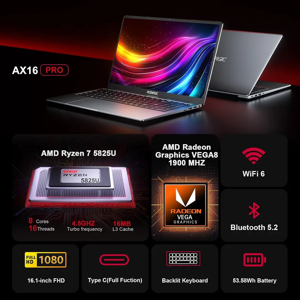 Ноутбук Ігровий ACEMAGIC 16.1-inch 7 5825U,16GB DDR4 512GB M.2 2280,IPS WIFI6,Windows 11 Pro - фото 2