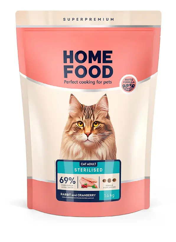 Сухий корм для стерилізованих і кастрованих дорослих котів HOME FOOD з кроликом та журавлиною, 1,6 кг