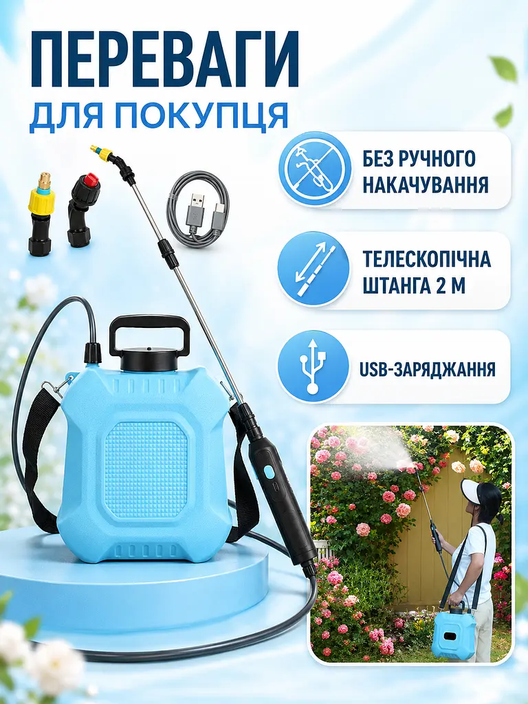 Акумуляторний обприскувач 8 л з телескопічною штангою та USB-заряджанням блакитний (49676087) - фото 2