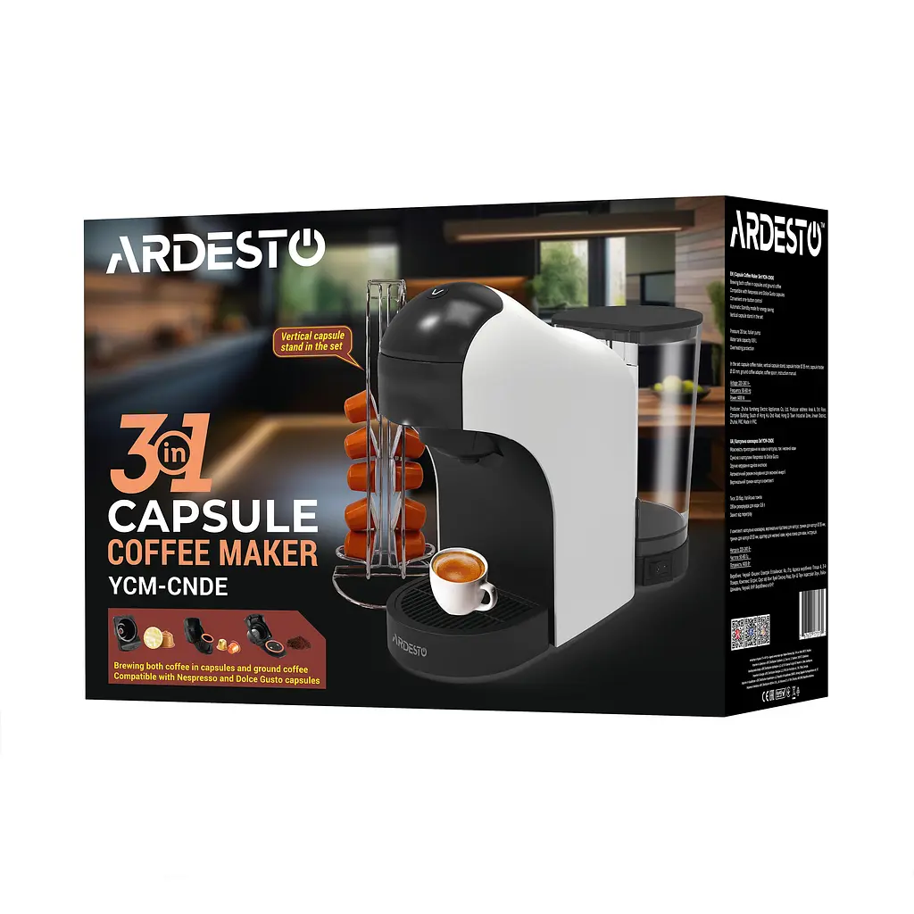 Кавоварка 3 в 1 капсульна Ardesto капсули Nespresso, Nescafe Dolce Gusto, мелена кава, сенсорне керування 0.8 л біла (YCM-CNDE) - фото 2