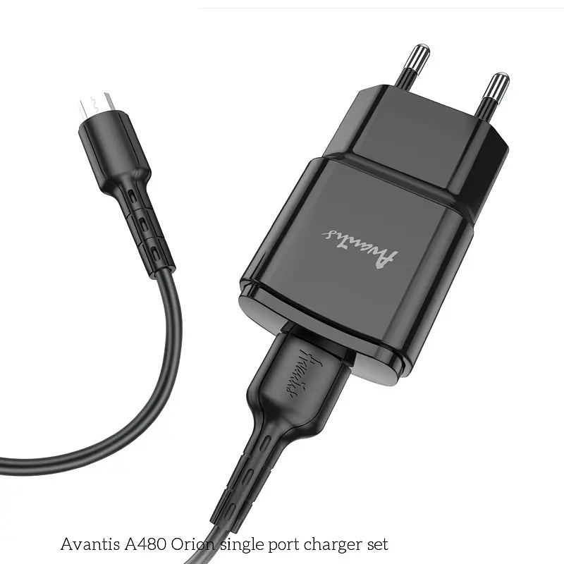 Мережевий зарядний пристрій Avantis A480 Orion (1USB/2.1A) + USB кабель Micro- чорний - фото 2