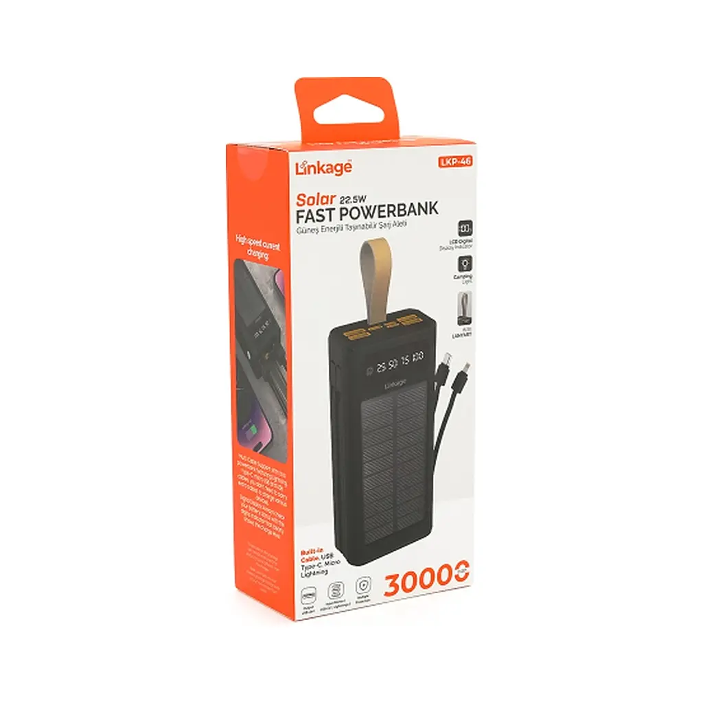 Батарея універсальна Linkage 30000mAh, Solar, 22.5W, cables Туре-С+Lighting, Black (LKP-46) - фото 5