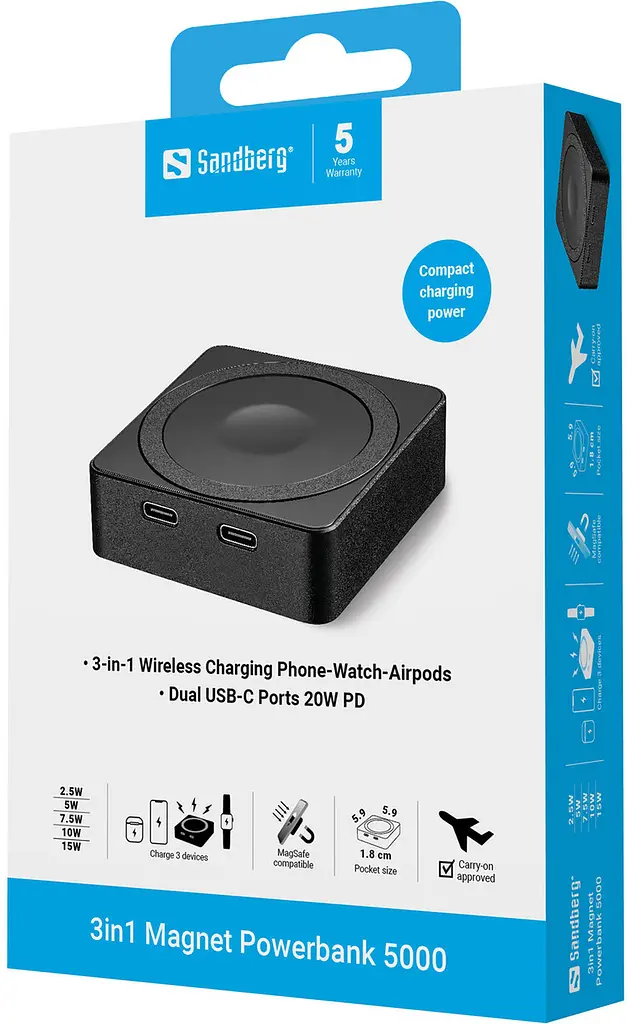 Універсальна мобільна батарея Sandberg Magnetic Wireless 5000mAh 20W PD, 2xUSB-C, QI-15W для Apple watch and Airpods - фото 9