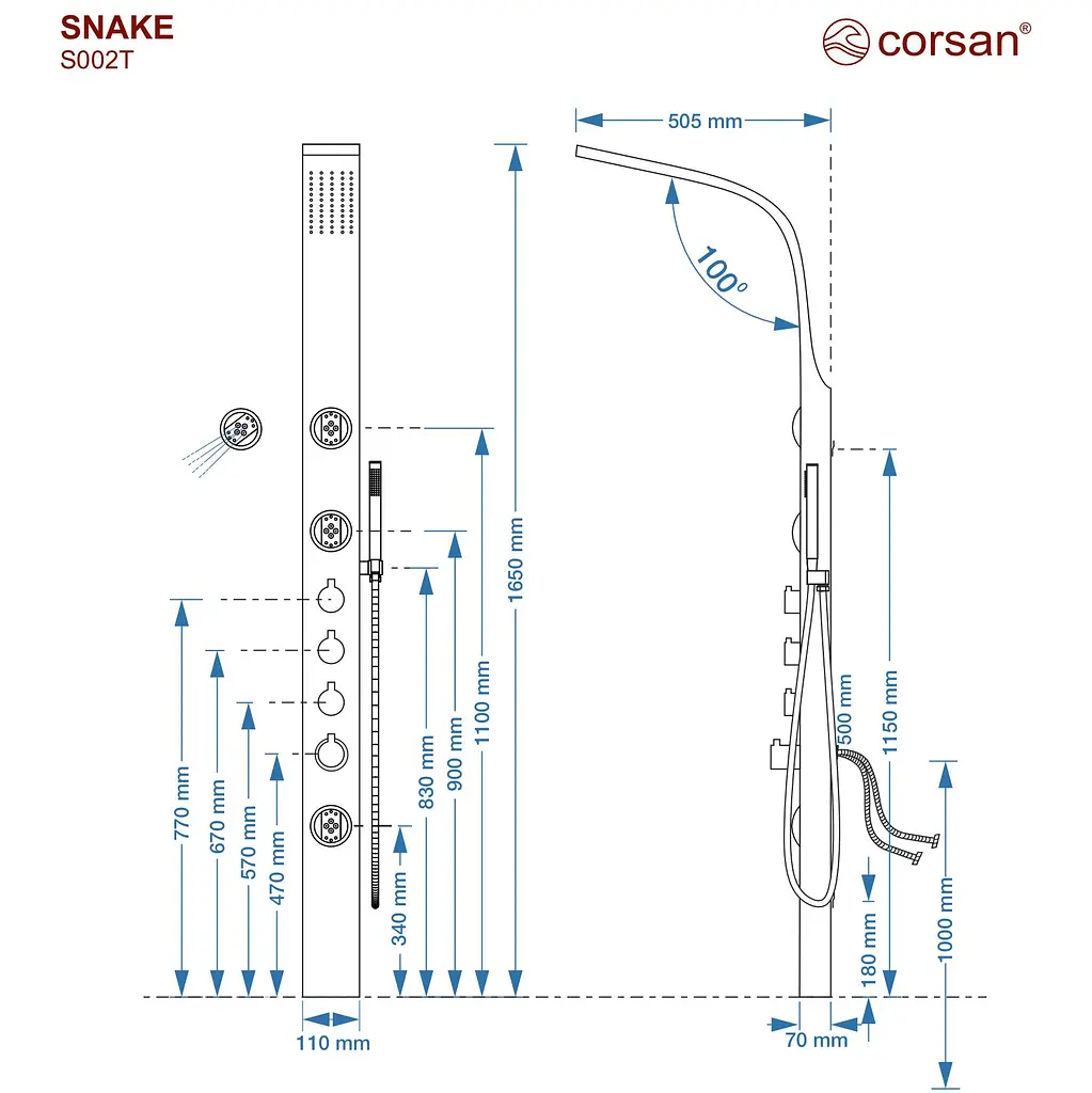 Душова панель Corsan Snake inox з термостатом S002TSL, Нержавіюча сталь - фото 5