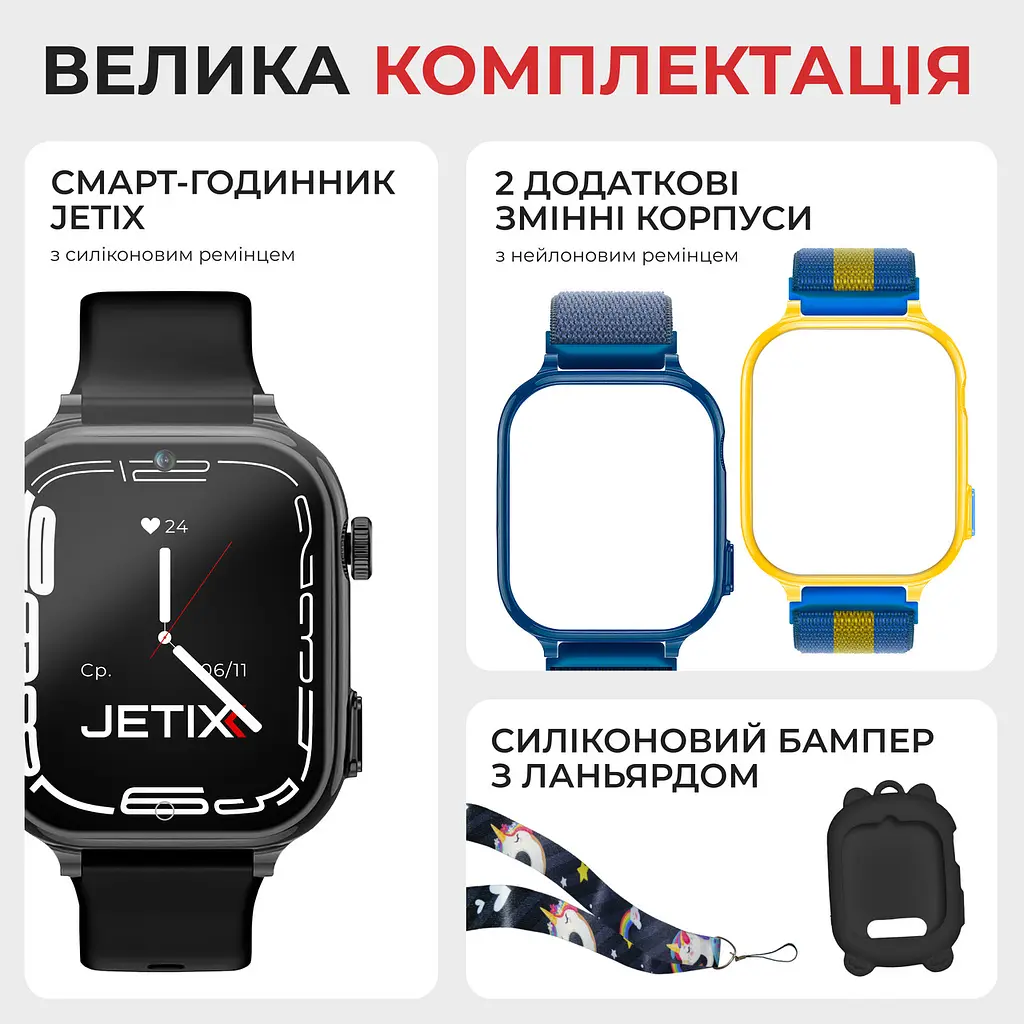 Дитячий смарт-годинник JETIX G100 4G зі змінним корпусом (в комплекті Чорний, Синій, Жовто-синій) - фото 2