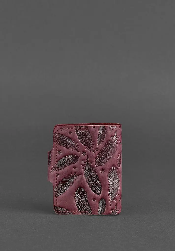 Жіночий шкіряний кард-кейс 7.1 (Книжечка) бордовий з пір'ям - фото 5