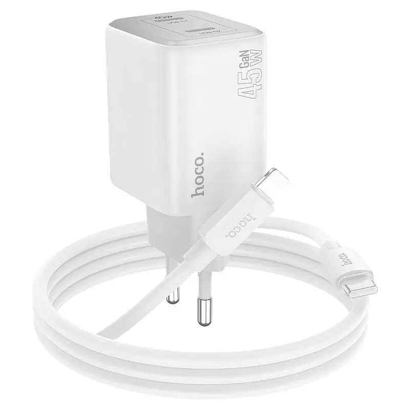 Мережевий зарядний пристрій з кабелем Hoco N42 Elogiado dual-port PD45W(2C) charger set(C to iP) білий - фото 3