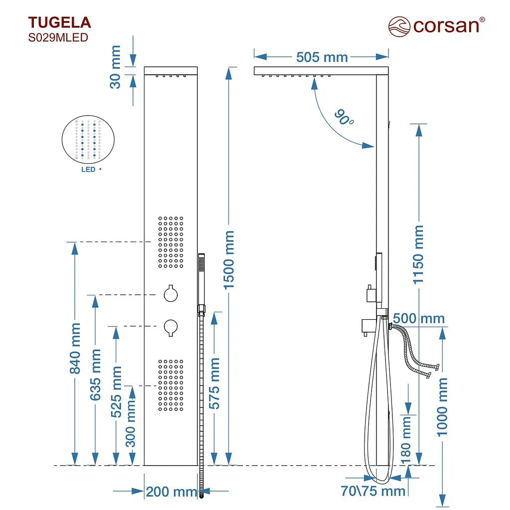 Душова панель Corsan Tugela black LED S029MBLLED, Чорний матовий - фото 6
