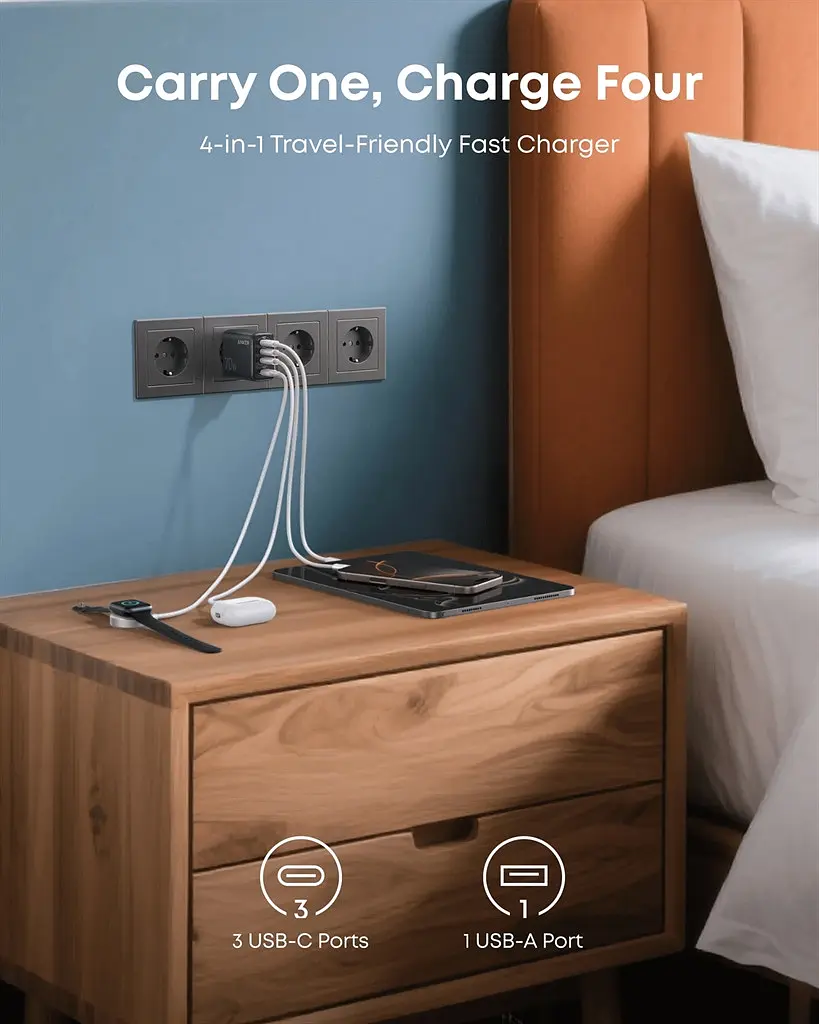Мережевий зарядний пристрій Anker Charger 70W, 3xUSB-C, 1xUSB-A, Чорний (A121CG11) - фото 9
