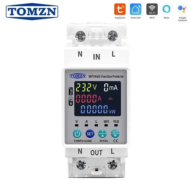 Розумний автоматичний вимикач Tuya Wi-Fi TOMZN TOMPD-63SW 110/220V 63A Цифрове реле з лічильником кольоровий дисплей (19643) - фото 2