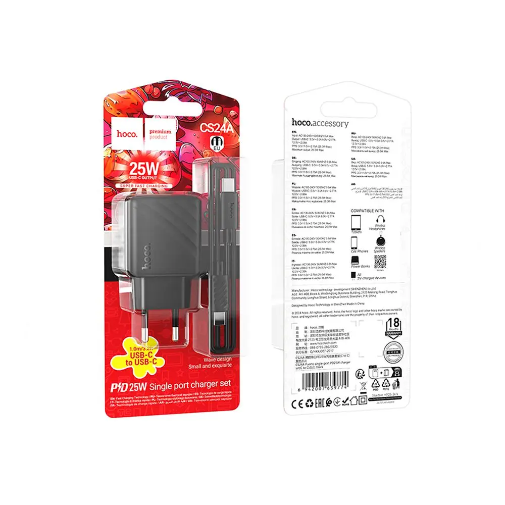 Зарядний комплект Hoco CS24A PPS 3.3-11V 2.75A PD/QC 25W 1USB-C Type-C-Type-C 1 м Black (35886_3605556) - фото 2