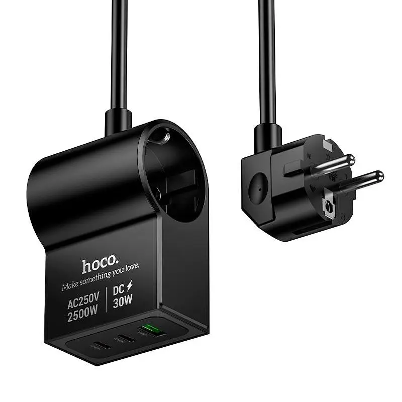Адаптер мережевий HOCO Win 1 position PD Desktop Socket AC33 (L=1.5M) | 2Type-C/1USB/DC, 30W/3A, PD/QC|