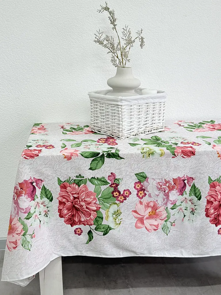 Скатертина Ecotton 150х220 см бавовняна з рогожки рожева 29033/2 Літній букет (23553) - фото 8