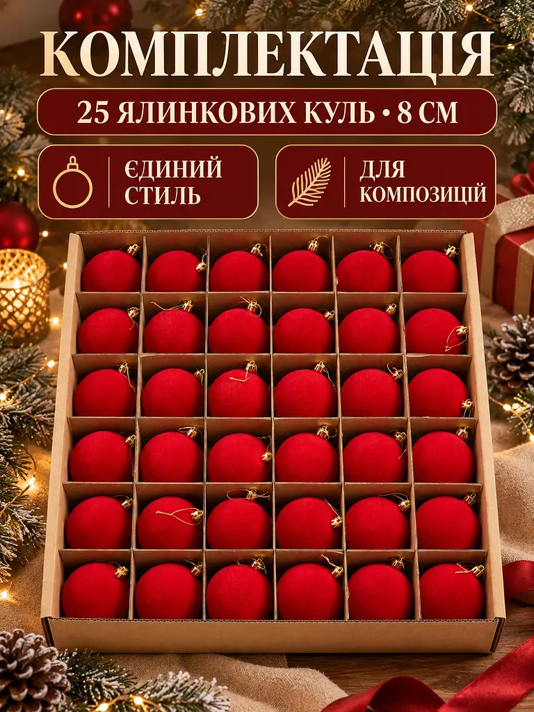 Набір новорічних оксамитових іграшок на ялинку "Шарм" 18 куль червоний - фото 8