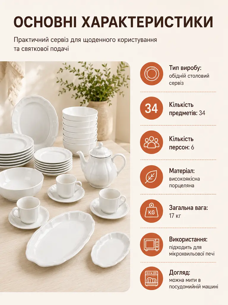 Столовий сервіз із фарфору на 6 персон, 34 предмети для сервірування столу, білий (37261978) - фото 5