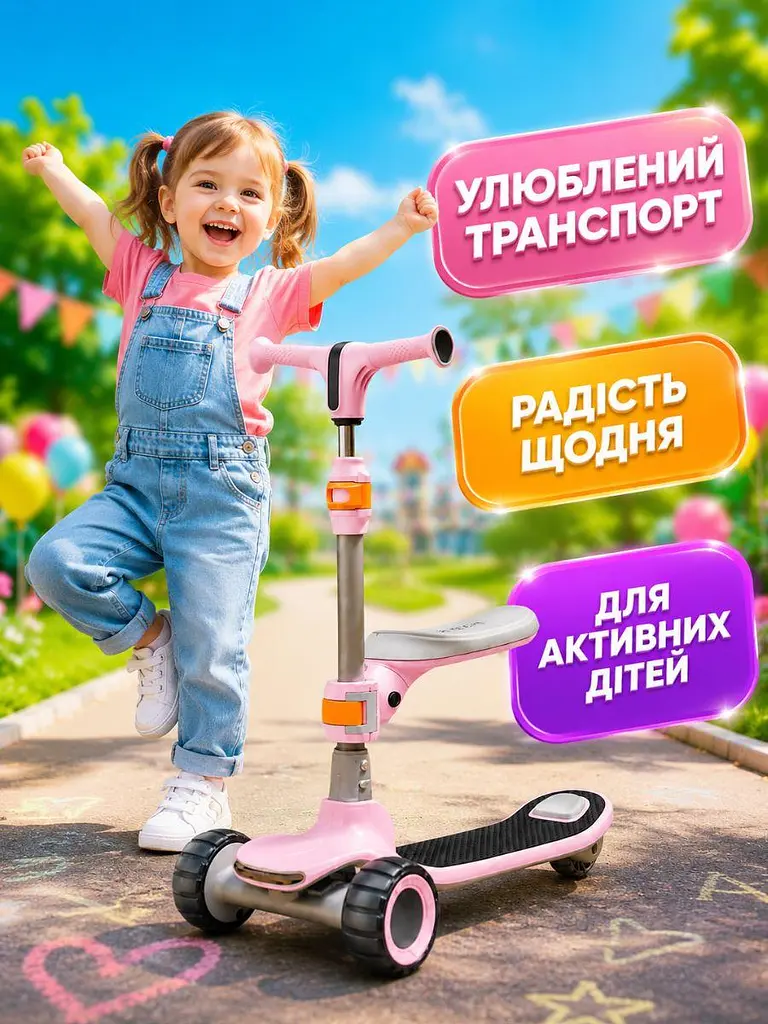 Дитячий самокат-біговел 2в1 рожевий із сидінням музикою та підсвічуванням коліс (49675959) - фото 8