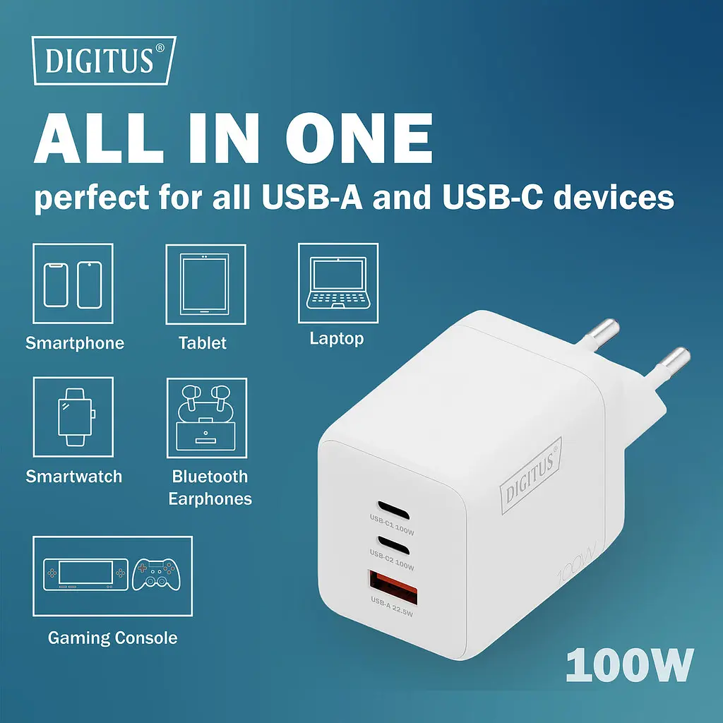 Зарядний пристрій 2хUSB-C, 1хUSB-A DIGITUS GaN 100W - фото 5
