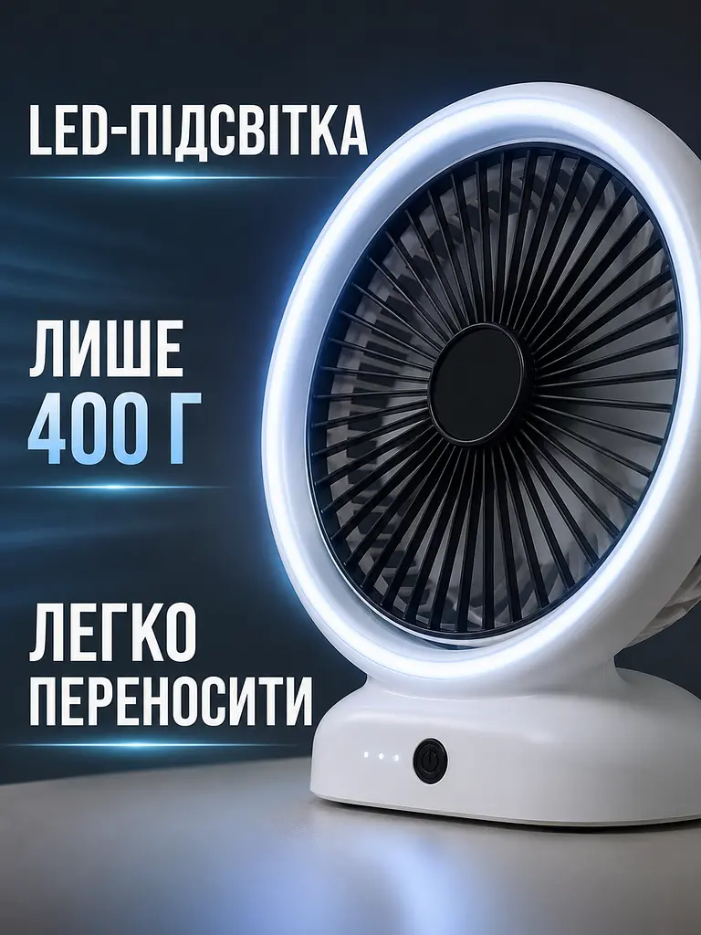 Міні настільний вентилятор 20×5×23 см із 3 режимами швидкості та LED-підсвіткою, білий (49675987) - фото 7