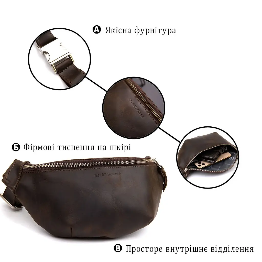 Бананка у вінтажній шкірі Grande Pelle 11154 коричнева - фото 8