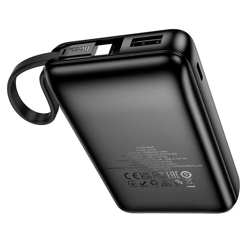 Внешний аккумулятор Hoco Strong Power Bank with Cable (USB-C) J134A 10000mAh со встроенным черным кабелем - фото 3