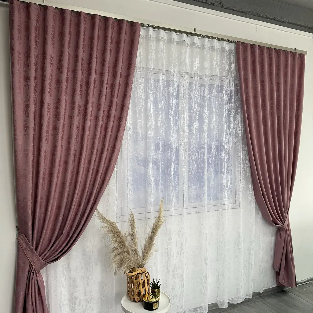 Мармурові жакардові штори рожевого кольору 2шт. 150х270 з білим жакардовим тюлем 400х270, на тасьмі ALBO pbe0052583 - фото 3