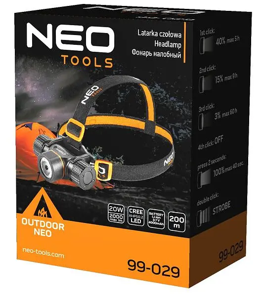 Neo Tools Фонарь налобный аккумулятор/батарейки, 4000мАч или ААх3, 2000лм, 20Вт, 5 функций освещения, IPX4 - фото 7