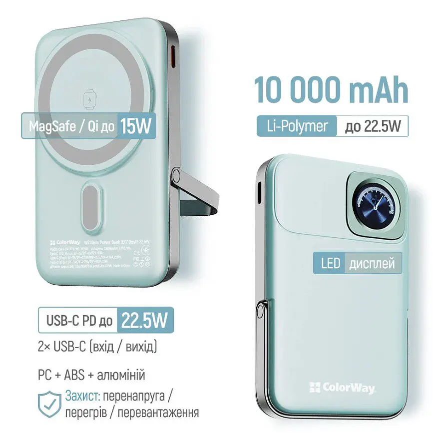 Повербанк Powerbank ColorWay PB-100LPA2MT-WPDD 10000mAh 15W MagSafe Watch (USB-C PD 22.5W) Aquamarine - фото 5