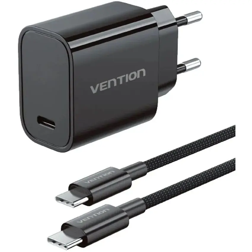 Зарядний пристрій 1xUSB-C 30W + USB-C cable М-М Black Vention (G18B0-EU) - фото 2