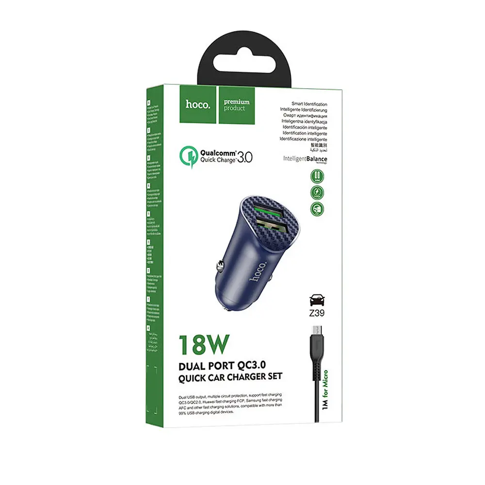 Автомобильное зарядное устройство Hoco Z39 Farsighted dual port QC3.0 Car charger set (Micro) Синий - фото 3