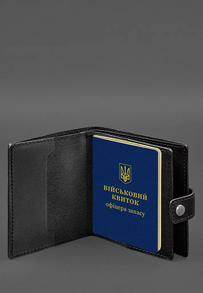 Шкіряна обкладинка-портмоне для військового квитка офіцера запасу (широкий документ) Чорна - фото 4