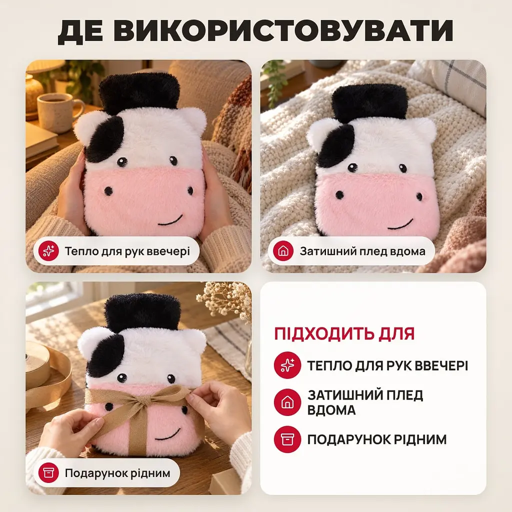 Грілка для рук у плюшевому чохлі корова, 400 мл - фото 4