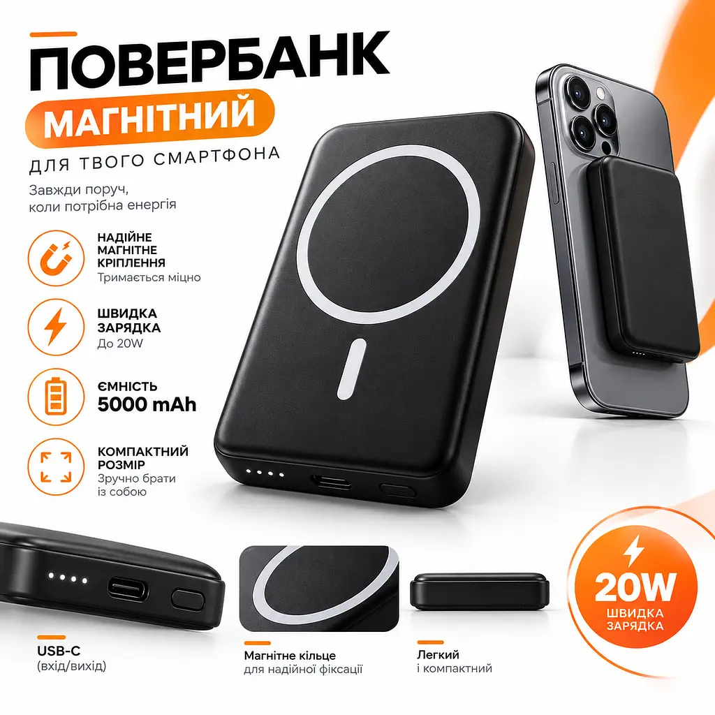 Магнітний повербанк 5000 мА·год MagSafe для iPhone та Android. Чорний - фото 7