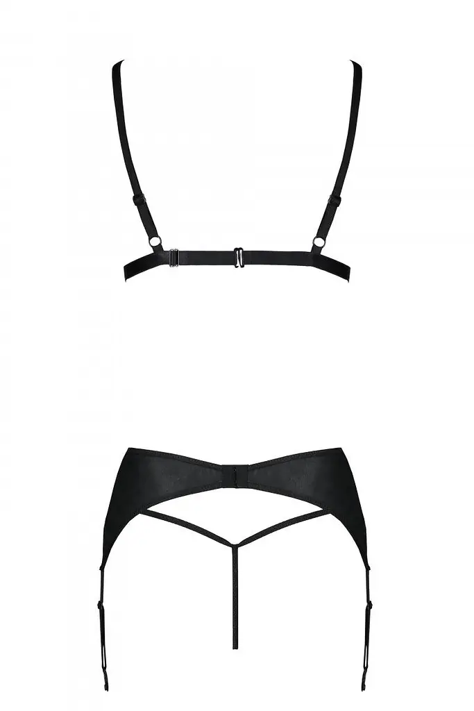 Комплект з еко-шкіри: трусики Passion Miley Set, бюстгальтер, пояс для панчіх, S/M, чорний - фото 5