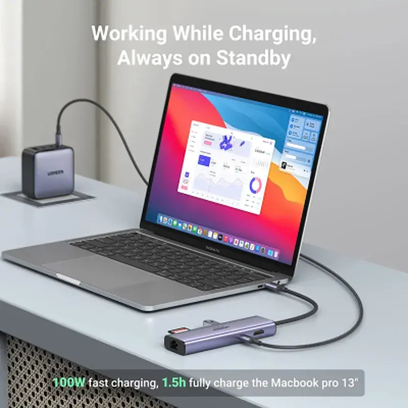 Концентратор Ugreen USB3.1 Type-C to HDMI/USB 3.0x2/RJ45/SD/TF/PD 100W CM512 (60515) - фото 7