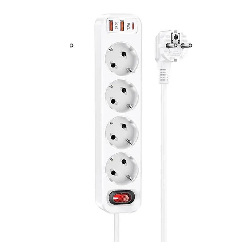 Мережевий фільтр подовжувач HOCO NS1 Aura 4-bit 2+1 порти USB + 4 розетки білий