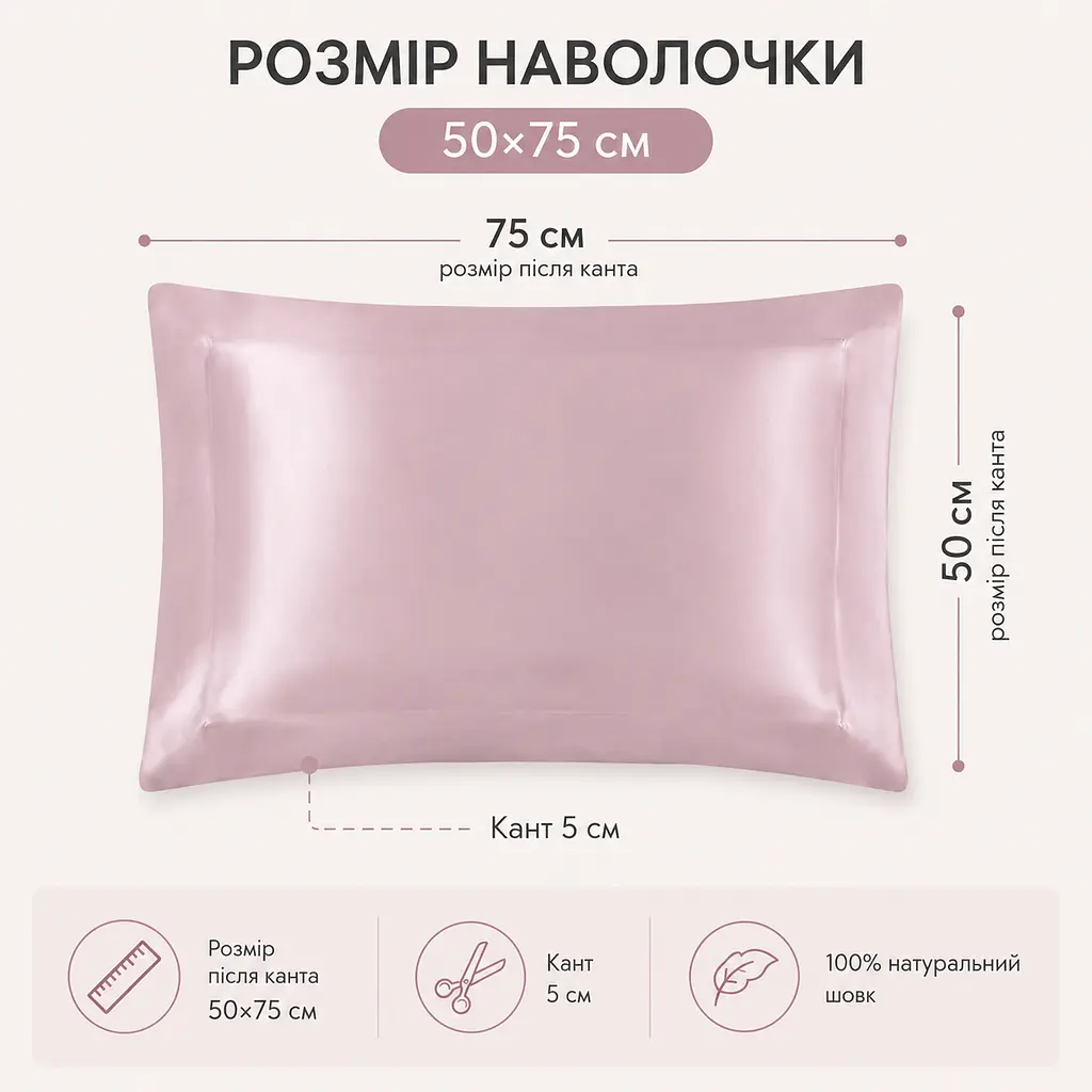 Наволочка MaryuPHair 50×75 см з натурального шовку Mulberry з кантом 5 см (блідо-рожевий) - фото 3