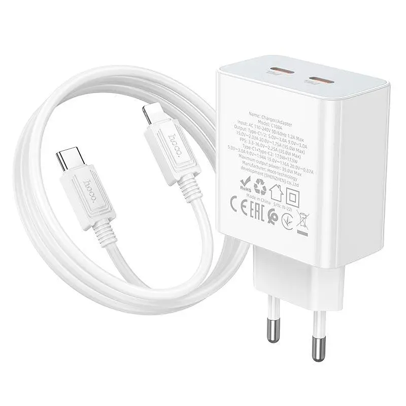 Адаптер мережевий HOCO Type-C to Lightning Cable Leader dual port(2C) charger C108A 2Type-C 35W білі - фото 6