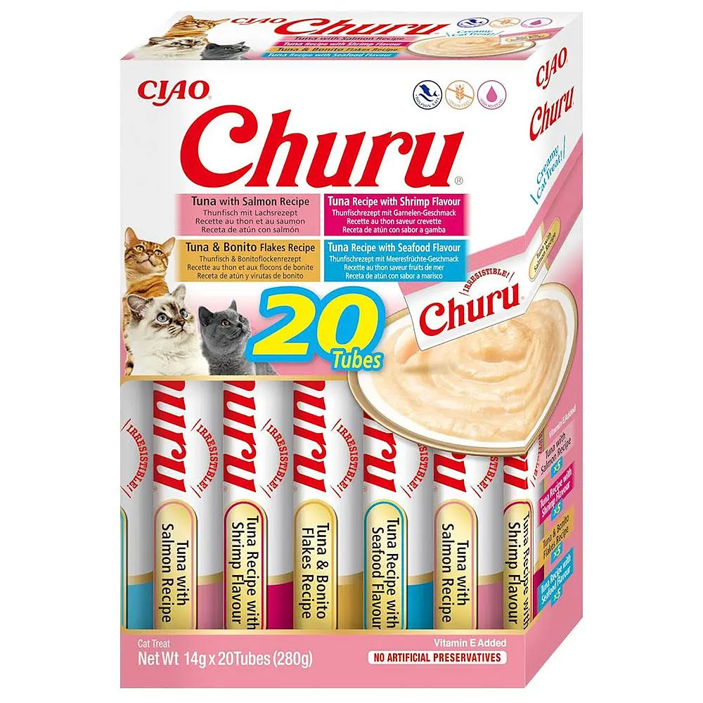 Вологі ласощі для котів INABA Churu вершковий мус в стіках Різновиди морепродуктів 14 г (20 шт в упаковці)